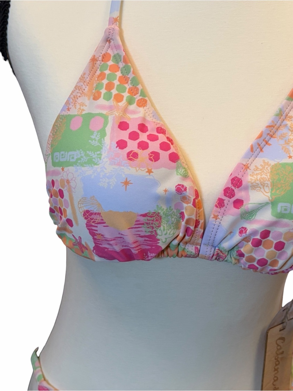Cabana Del Sol Pastel Patchwork Pink Green Peach Triangle Bikini Set Skirt XL - Picture 2 of 7